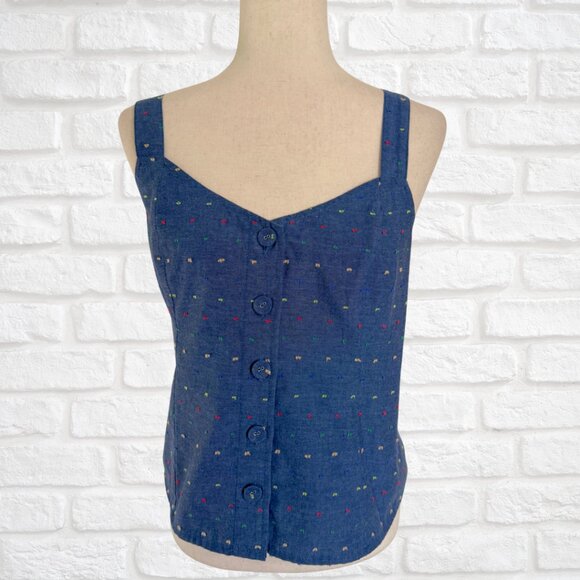 Modcloth Size Large Blue Button Front Tank Top Colorful Polka Dots Swiss Dots - Picture 1 of 11